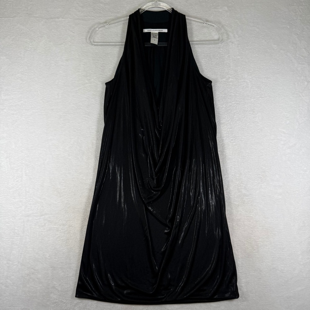 Diane von Furstenberg Black Metallic Draped Halter Mini Dress Size 2 LBD USA
